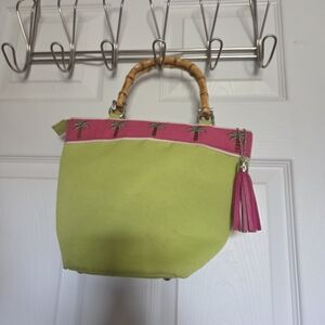 Stylish Lime & Pink Tote Bag with Bamboo Handles